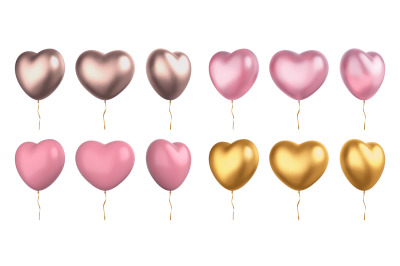 Realistic 3d valentine pink and golden heart shaped balloons. Love sym