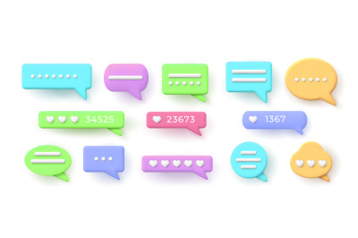 3d speech bubbles for chat messages and like button. Balloon with soci