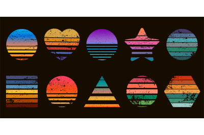 Retro striped sunset prints in heart, star and circle shapes. 80s t-sh