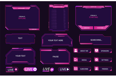 Live stream interface overlay frames for gamer broadcast. Cyber hud sc