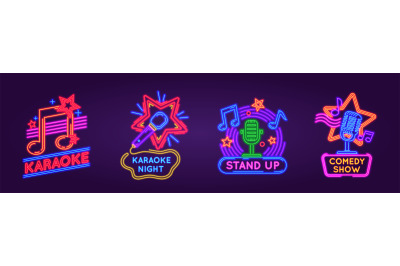 Neon signs for karaoke club and stand up comedy show. Music and song s