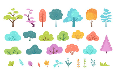 Flat minimal bush, shrub, tree, grass, wild plant and flower. Cartoon