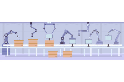 Flat automated robot arms on factory assembly line. Manufacture convey