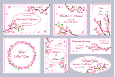 Wedding invitations and greeting cards with sakura blossom flowers. Ja