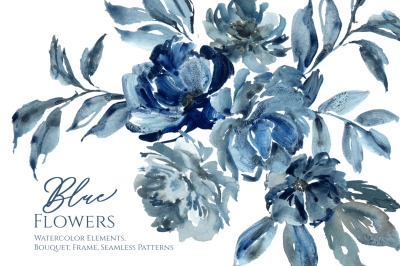 Watercolor Blue Flowers Peonies