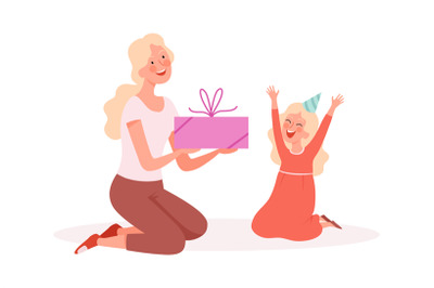 Happy girl. Woman giving gift to daughter, birthday party. Family fest