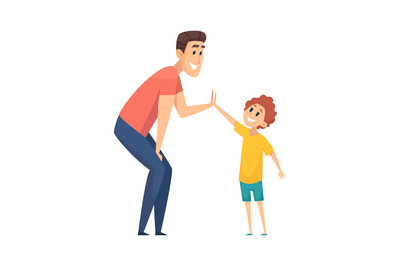 High five. Man greeting boy, happy people. Cartoon father spend time w