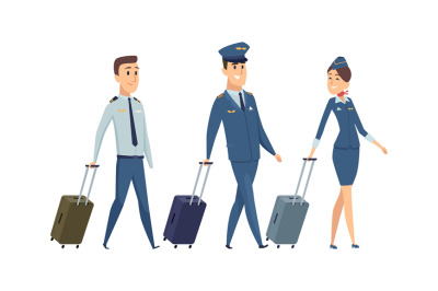Plane team. Isolated pilot, navigator and stewardess with suitcases. H