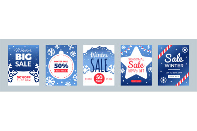 Winter sale flyers. Promo cards, season discount banners. Christmas or