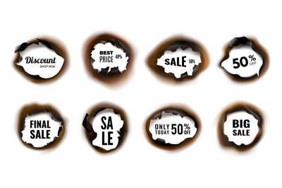 Burned hole. Realistic sale and discount banners with charred edges ve