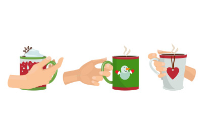 Hands with mugs. Christmas drinks, isolated arms holding cups with coc