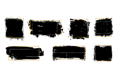 Ink brush blots. Golden frames, black grunge textures. Isolated dirty