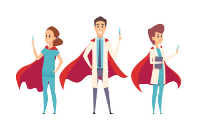 Medical superheroes team. Doctors wear hero capes&2C; nurse therapist hos