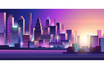 Cyberpunk city. Neon glow lighting urban landscape purple colored dark