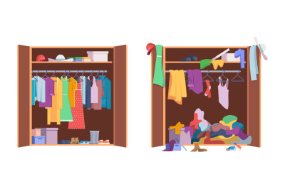 Messy clothes wardrobe. Modern interior storage with opening and close