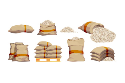 Rice bags. Pile with sackful textile objects grain agricultural collec