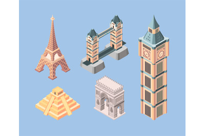 Landmarks isometric. World famous buildings travelling symbols bridges