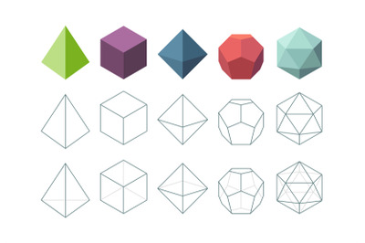 Platonic solid. Geometrical 3d object shapes vector collection