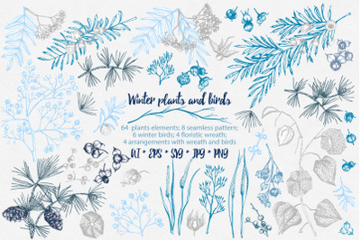 Hand Drawn Winter Plants and Birds