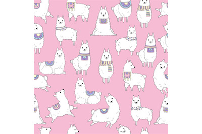 Llamas pattern. Ethnic textile seamless background with cute wild came