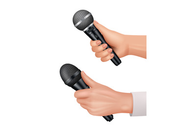 Microphones in hands. Interviewer equipment news audience dialog vecto