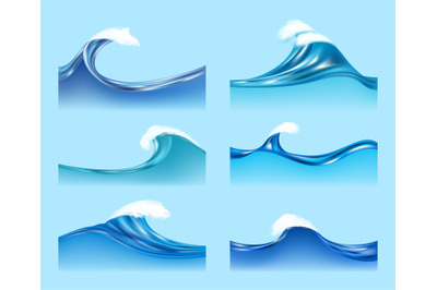 Ocean waves. Water liquid surfaces with transparent foam horizontal wa