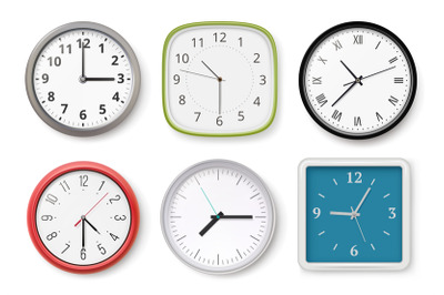 Realistic clocks. Modern wall clocks business chronometer dial arrows