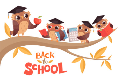 Back to school. Cute cartoon baby owls and teacher on tree branch vect