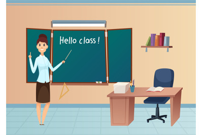 Back to school. Teacher at blackboard. Happy cartoon woman in classroo