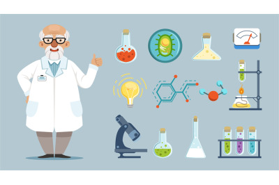 Cartoon scientist. Elements of chemical laboratory, equipment, microsc