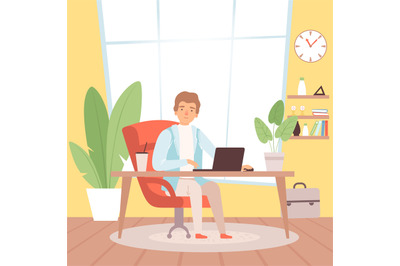 Freelancer. Man in home office working in house suit. Remote work via