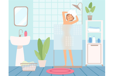 Girl takes shower. Bathroom interior, hygiene procedures. Woman washes