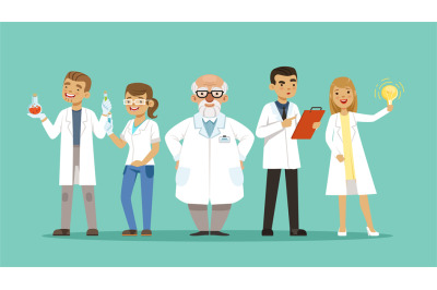 Laboratory team. Team of scientists or doctors, researchers. Cartoon h