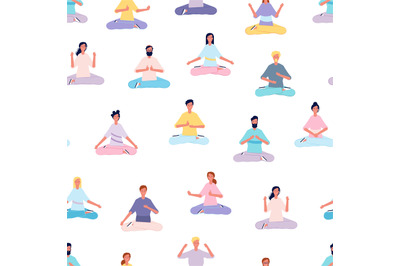 Meditation people pattern. Women men doing yoga vector seamless backgr