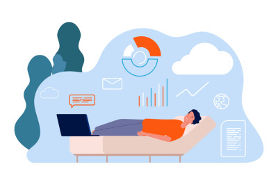 Tired man. Freelancer, remote worker sleep on sofa with laptop vector