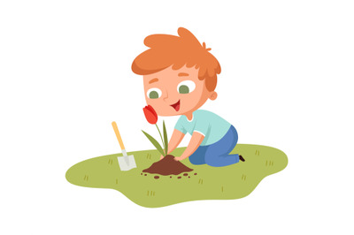 Boy planting tulip. Young guy with garden tool caring flower. Isolated