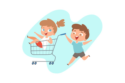 Children ride in grocery cart. Happy brother and sister play in shop o