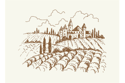 Italian vineyard landscape. Sketch of vintage medieval house and garde