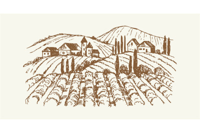 Sketch village landscape. Vintage vineyard farm, hand drawn agricultur