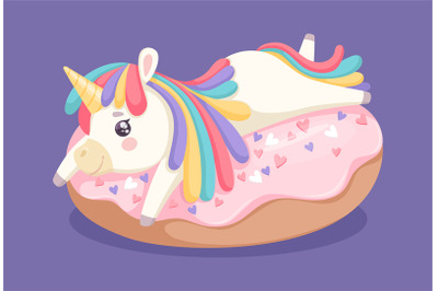 Unicorn on donut. Sweet dessert&2C; cafe bar coffee shop or bakery poster