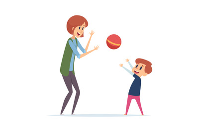 Woman play with boy. Outdoor active games with ball, nanny or mother a