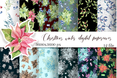 Christmas Digital Paper Patterns, Poinsettia Seamless Patter