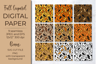 Fall leopard print pattern. Autumn oak leaves digital paper