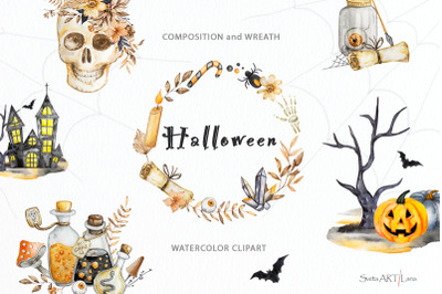 Watercolor Halloween wreaths and composition clipart