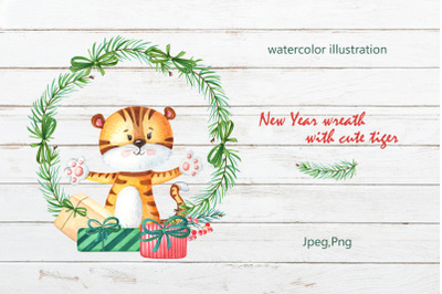 New Year wreath with cute tiger