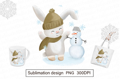 Winter bunny with snowman illustration - sublimation design