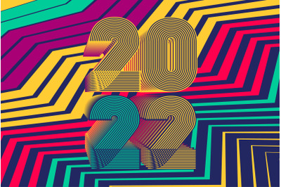 2022 Happy New Year. Colorful neon zig zag geometric background. 3d di