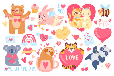 Valentines day animals. Cupid bunny&2C; pet cats love couple hug&2C; tiger&2C;