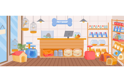 Cartoon pet store interior with counter desk and shelves. Empty animal