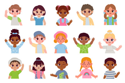 Cartoon children multiethnic characters hello by waving hands. Kids sm